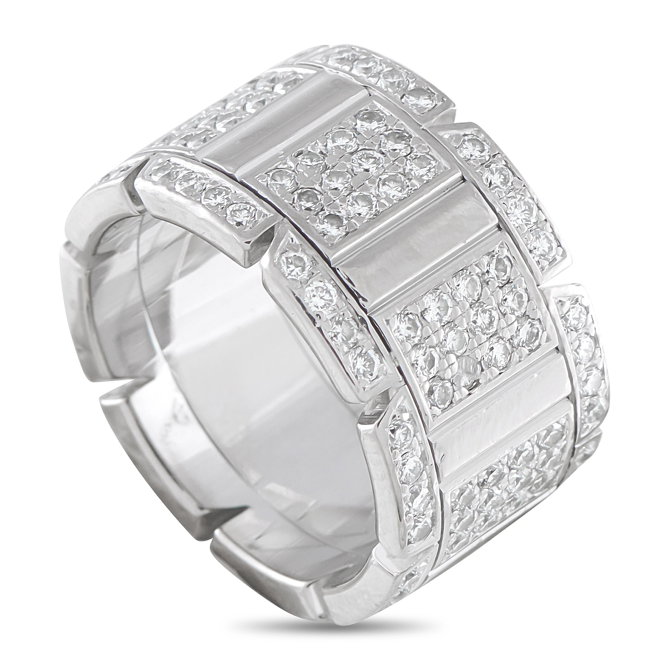 Cartier 18K White Gold Diamond Wide Band Ring - Crafted in 18K white gold, this Exclusive  ring features a 14mm-wide band detailed with a ridged border and a central row tha