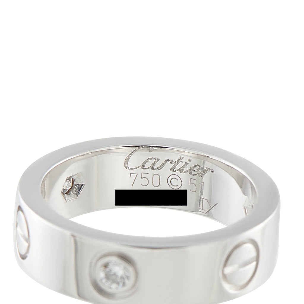 18K white gold Cartier ring band with diamond bezel and inside engraving