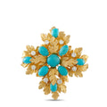 Gold-tone leaf brooch with oval turquoise cabochons and diamond accents, floral design