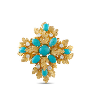 Cartier Vintage 18K Yellow Gold 1.40ct Diamond and Turquoise Foliate Brooch