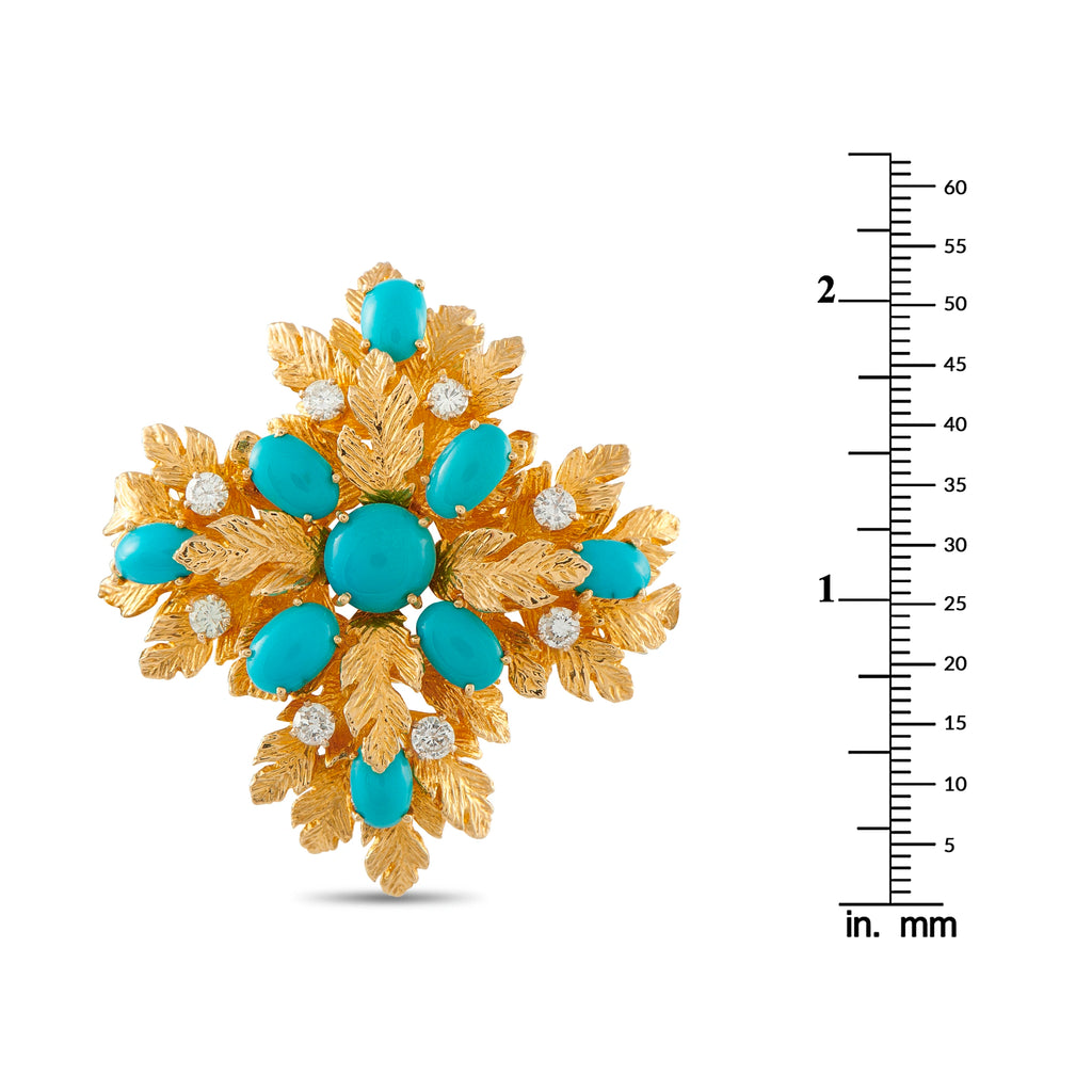 Gold-tone turquoise and diamond floral brooch with leaf-pattern detailing, oval cabochons