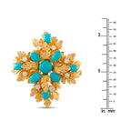 Gold-tone turquoise and diamond floral brooch with leaf-pattern detailing, oval cabochons