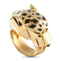 18K yellow gold panther ring with black enamel pattern and green eye