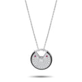 Round white gold diamond pendant with dark border and red stones, on chain