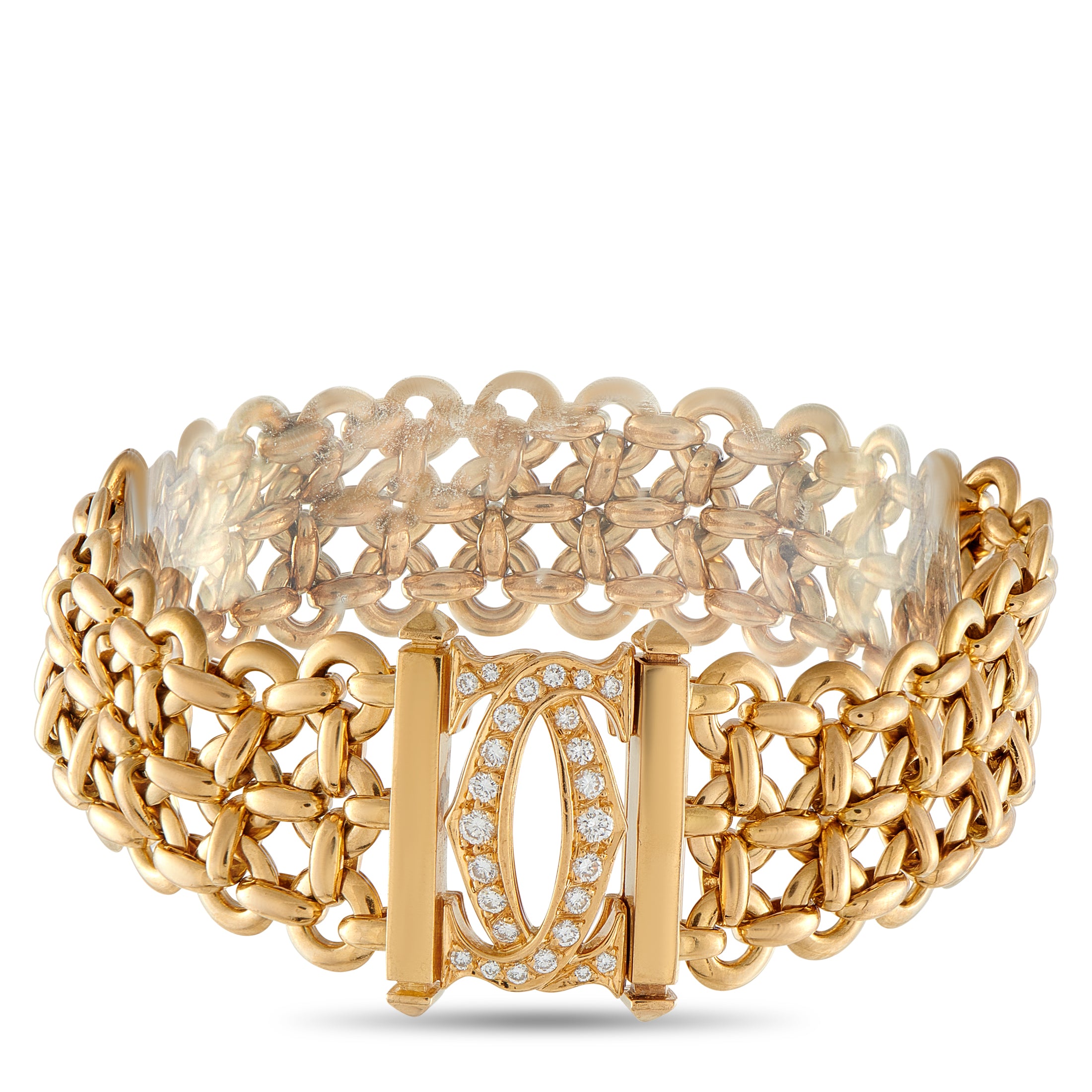 CartierDouble C Penelope 18K Yellow Gold Diamond Bracelet – The luxury brand’s iconic Double C logo takes center stage on thi
