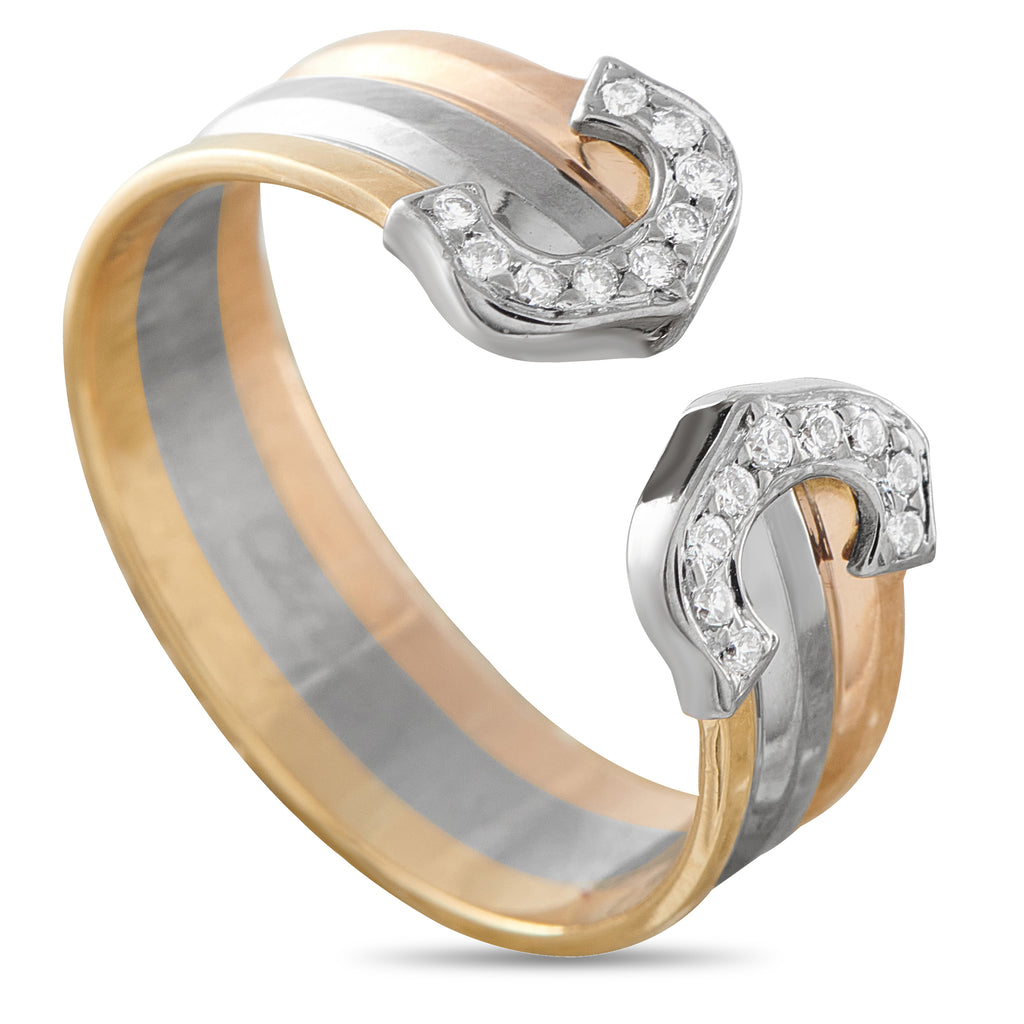 CartierDouble C 18K Rose, Yellow, and White Gold Diamond Ring