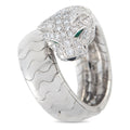 18K white gold panther ring with diamond pavé head and green eye accents