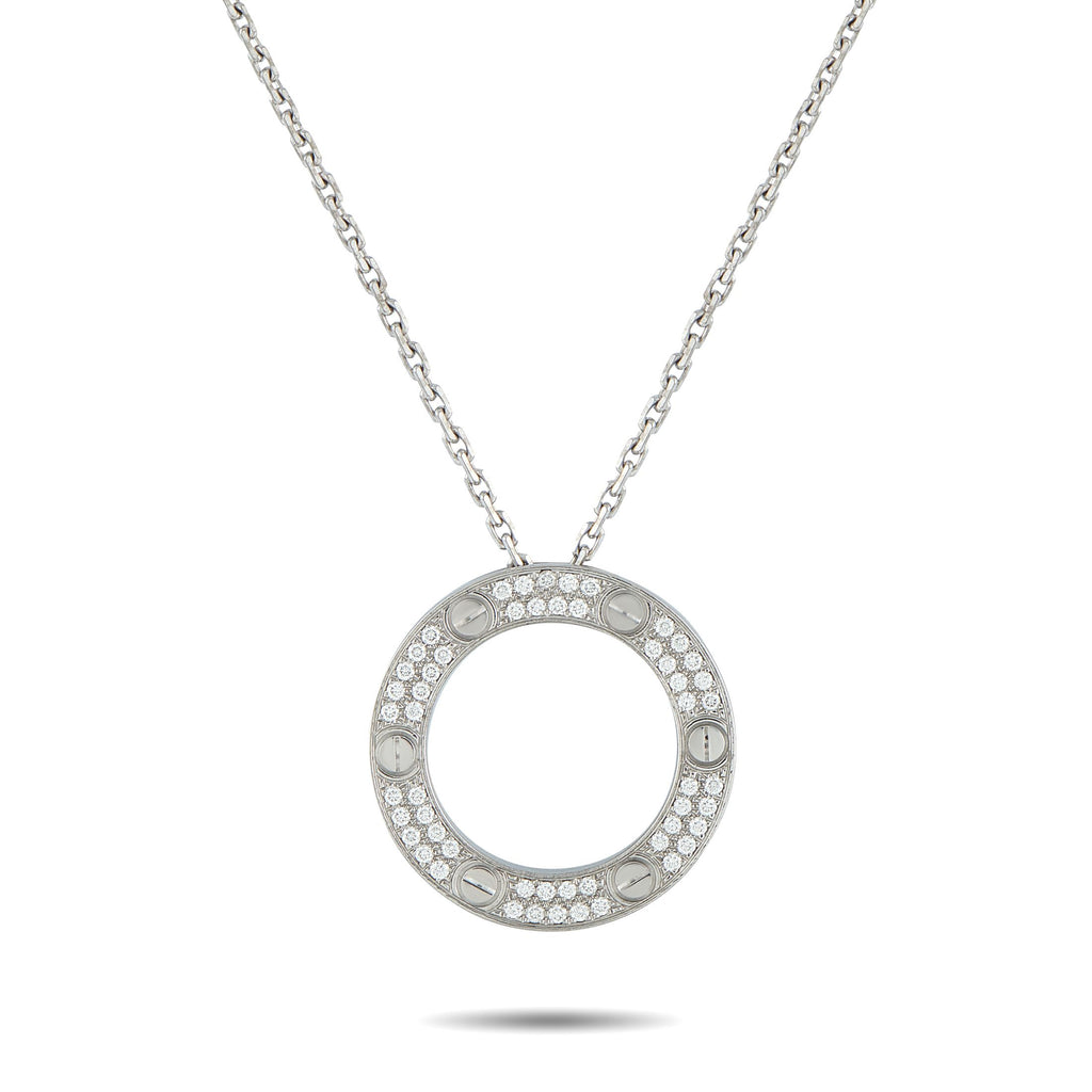 Cartier LOVE 18K White Gold Diamond Necklace - This Cartier LOVE necklace is a luxury piece that is ideal for everyday wear. This piece’s circular pendant includes a series