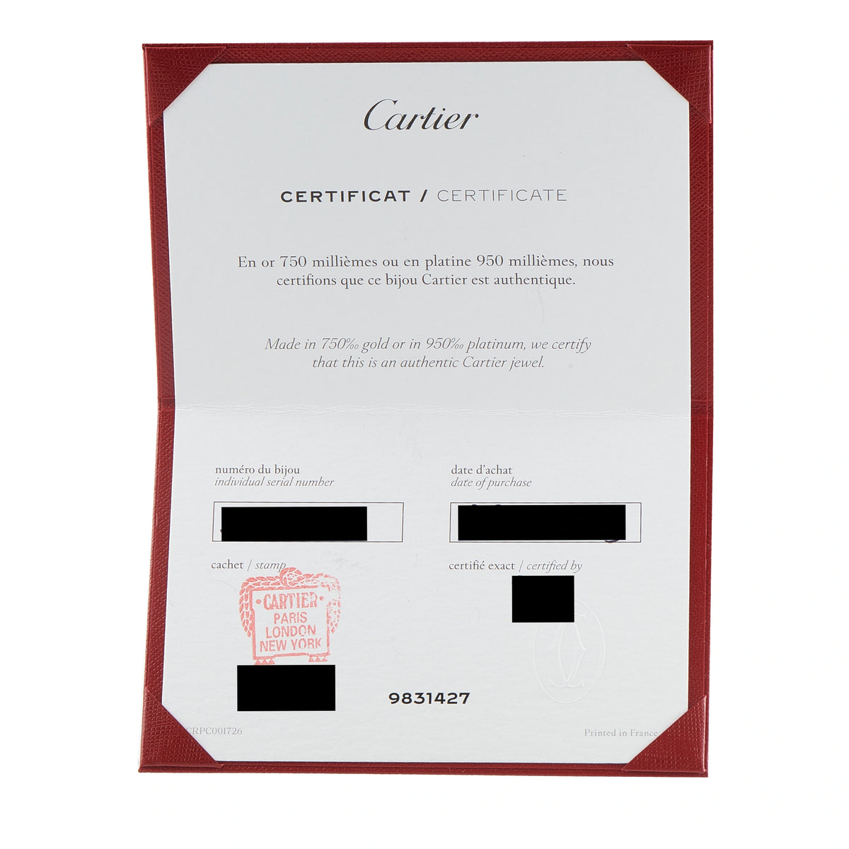 Cartier certificate of authenticity for the Love bracelet