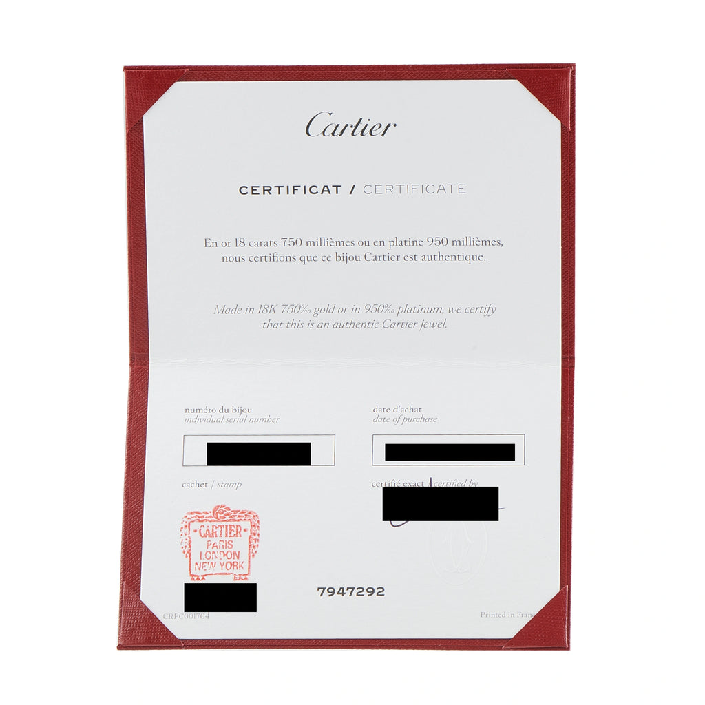 Cartier authenticity certificate for the bracelet
