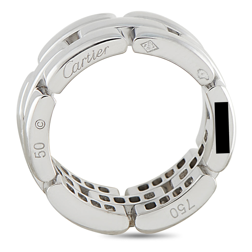 Cartier 18K white gold diamond ring interior, with engraved text and black enamel accents