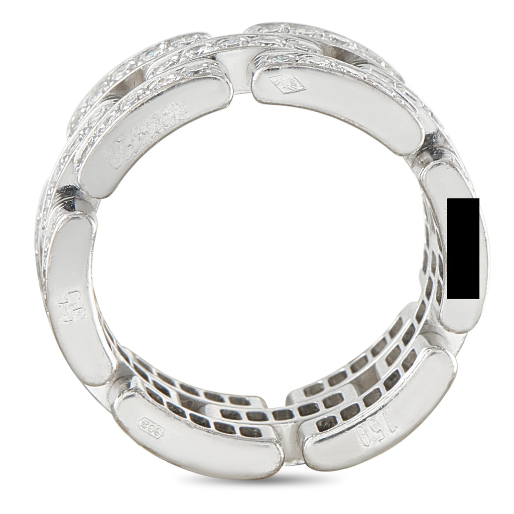 Cartier white gold diamond ring with engraved panther-link band, top view