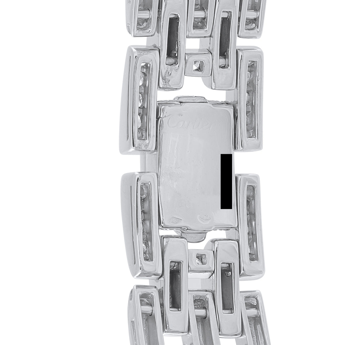 Cartier white gold bracelet with geometric diamond-set links, close-up view