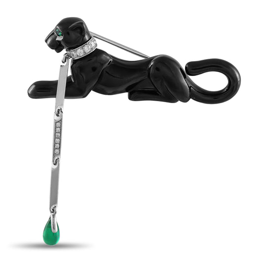 Cartier Panthere 18K White Gold Diamond, Emerald, and Hematite Brooch