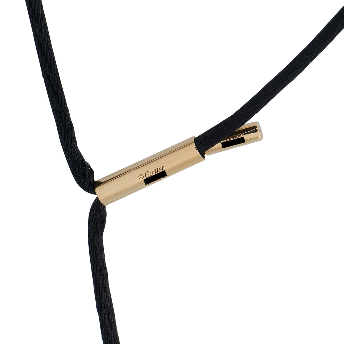 Cartier 18K yellow gold clasp bar on black cord with engraved logo
