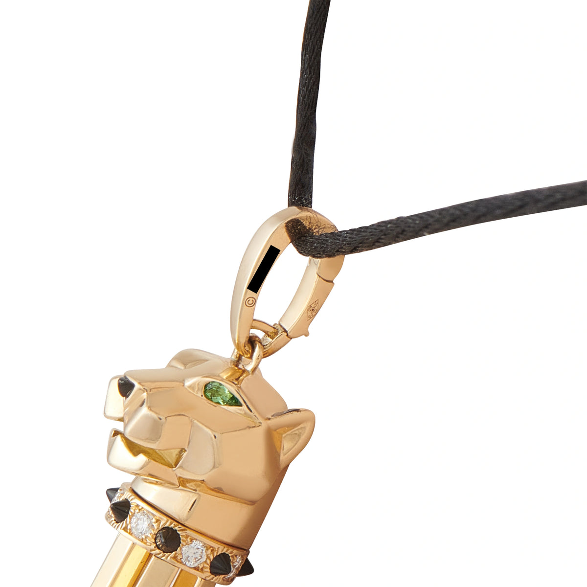 Cartier 18K yellow gold panther pendant on black cord with tsavorite and diamond details