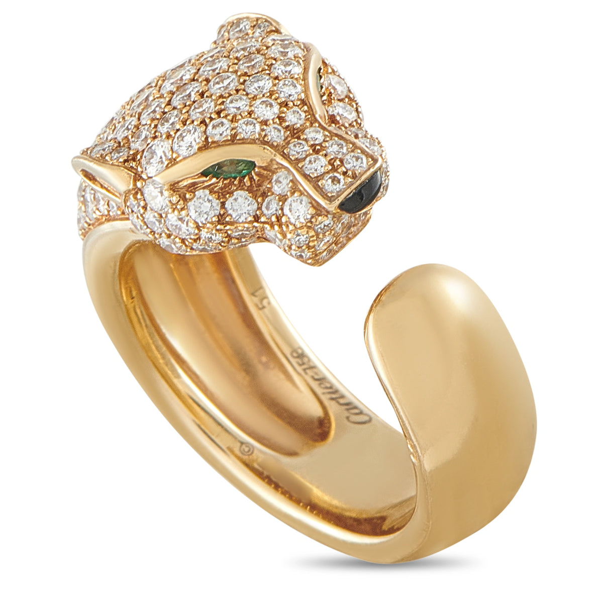 Cartier panther ring in yellow gold with diamonds, emerald eyes and onyx nose