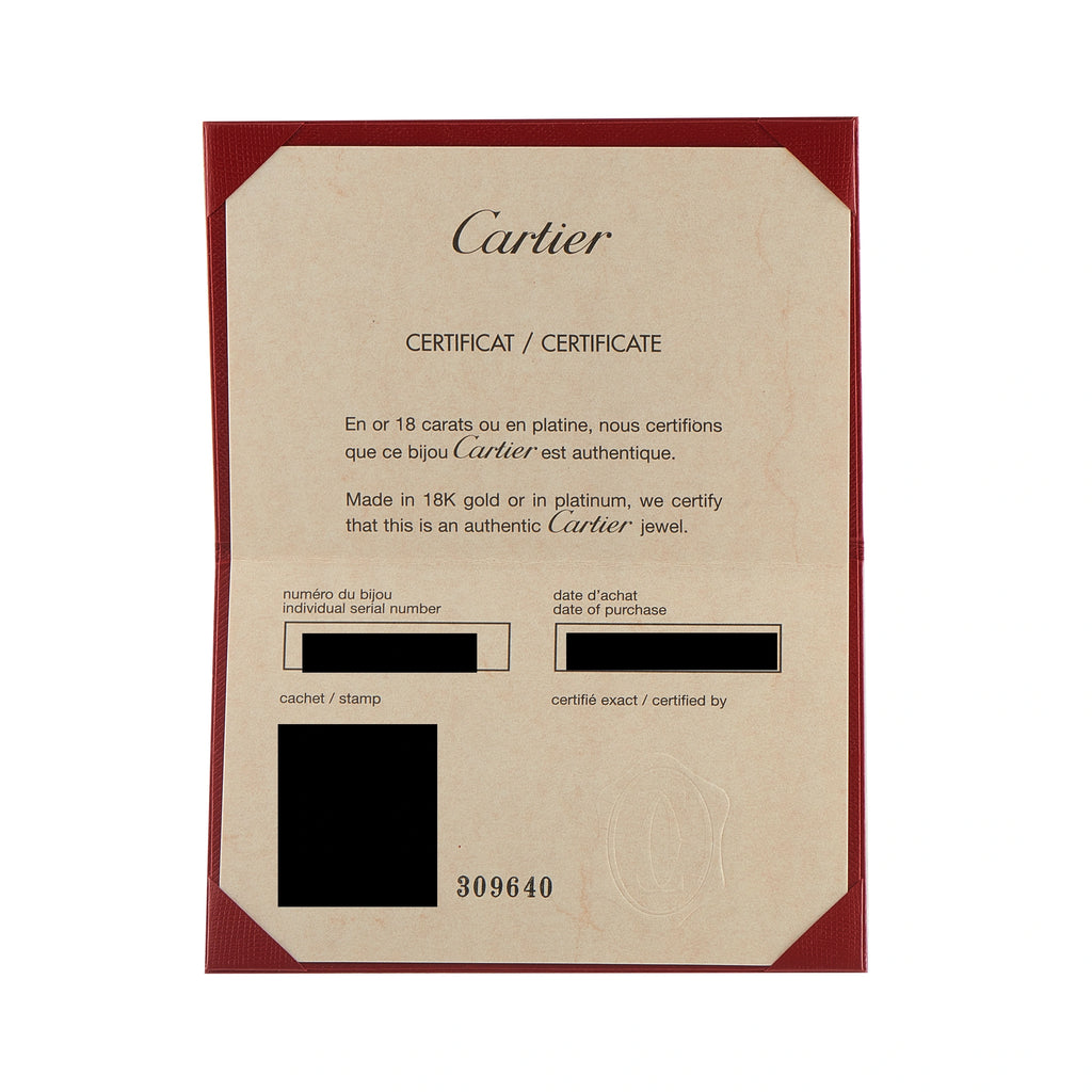 Cartier certificate of authenticity card for 18K gold diamond hoop earrings