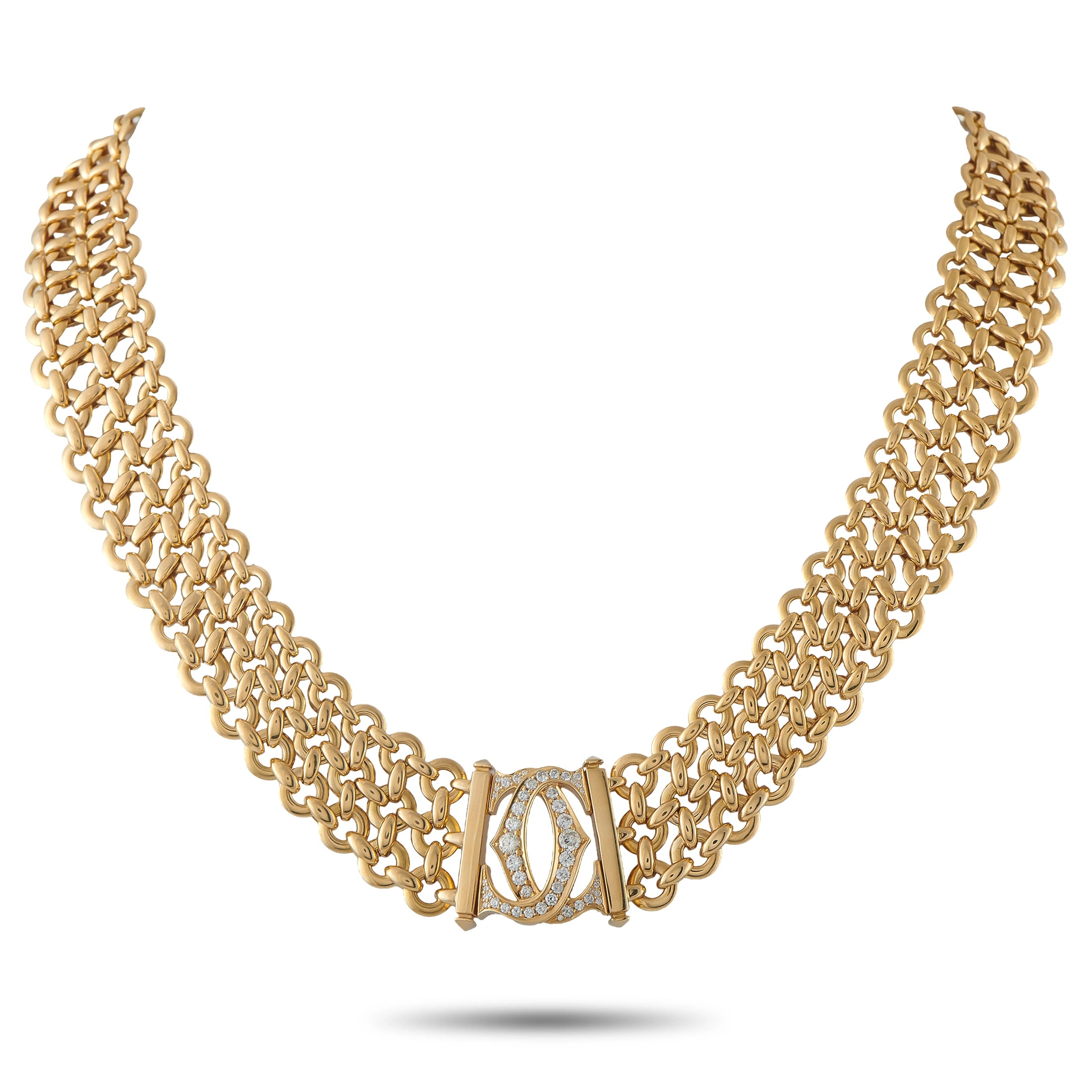18K yellow gold diamond necklace, braided chain with oval bezel diamond pendant