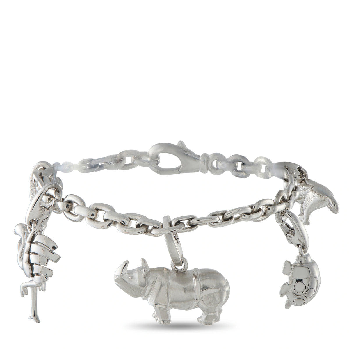 Cartier animal charm bracelet with linked chain and elephant and dog charms, silver tone