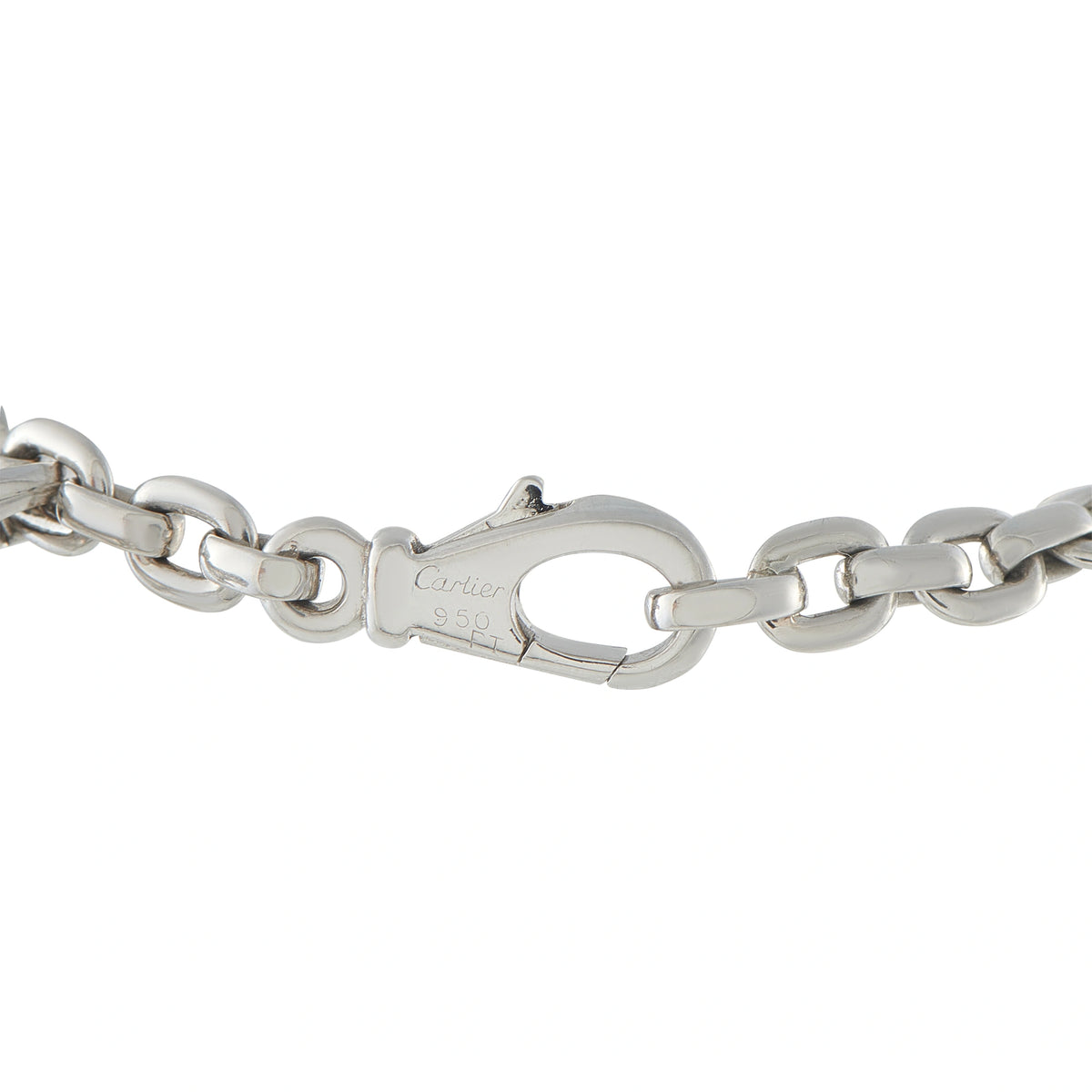 Cartier clasp and oval link on animal charm bracelet, engraved metal clasp