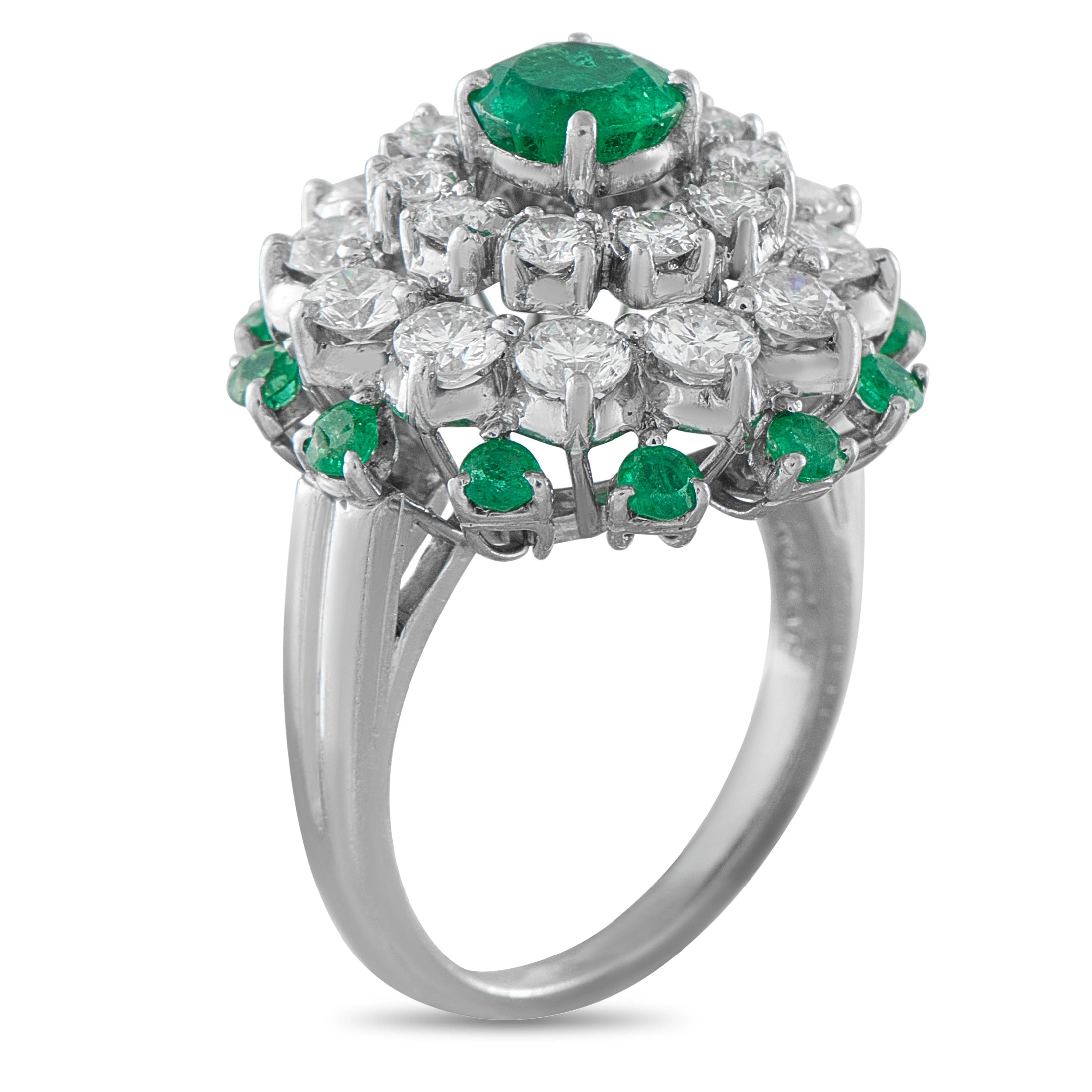 Cartier platinum ring with emerald-and-diamond clustered halo and large green center