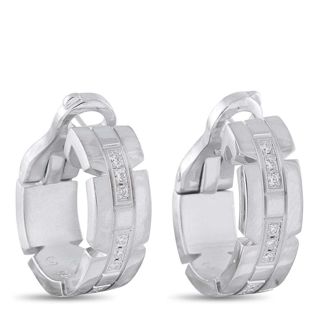 CartierTank Francaise 18K White Gold Diamond Earrings – These Cartier Tank Francaise hinged hoop earrings feature a sleek, co