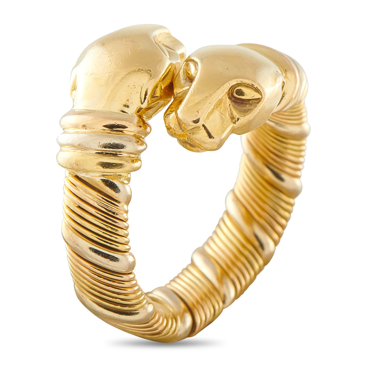 Cartier panther 18K gold ring, side view with ribbed band and head motif