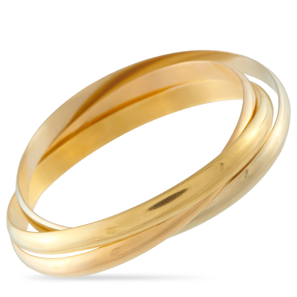 Tri-color 18K gold bangle, three polished bands in rose, white, and yellow