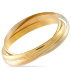 Tri-color 18K gold bangle, three polished bands in rose, white, and yellow