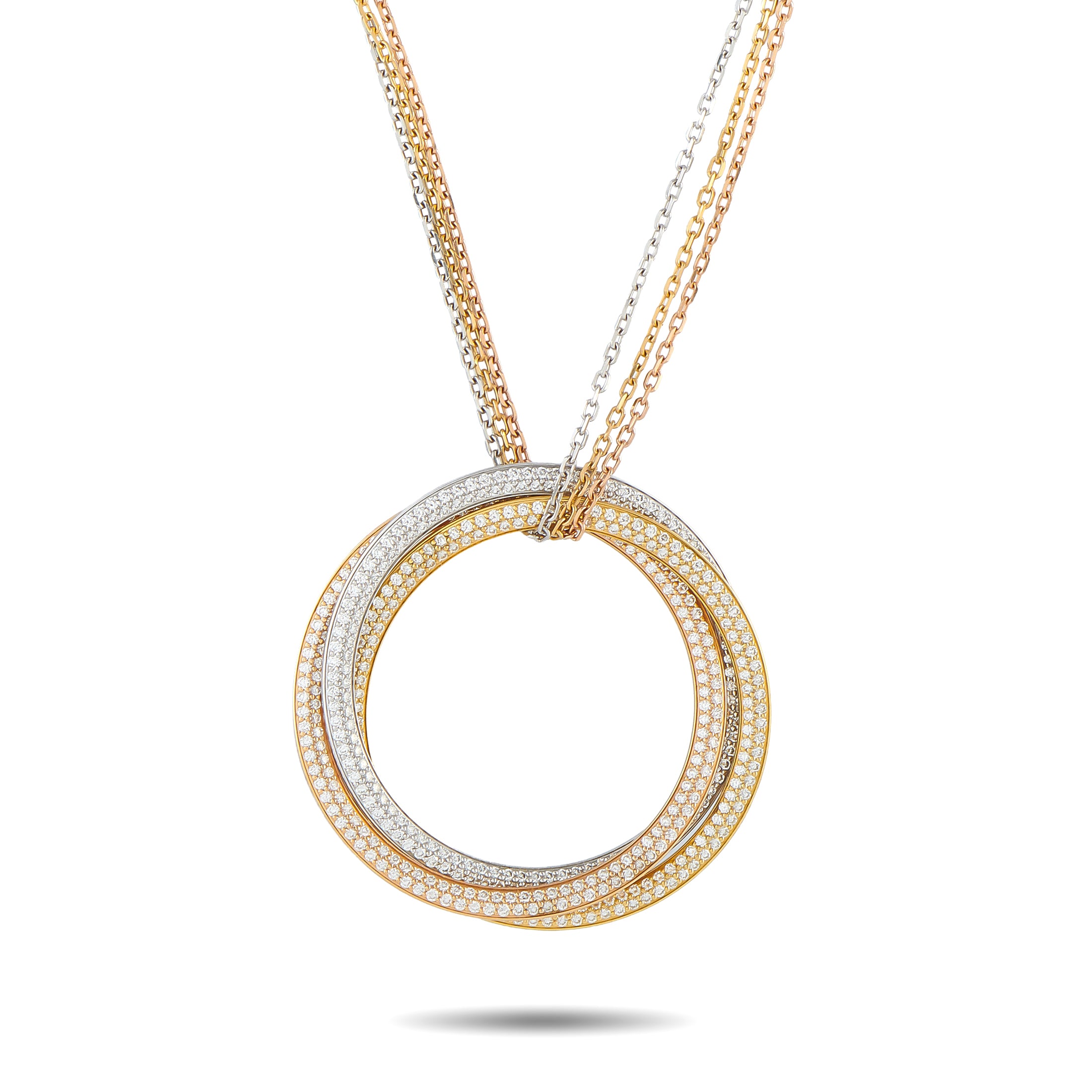 CARTIER Trinity 18K Rose, Yellow, and White Gold 2.60ct Diamond Necklace