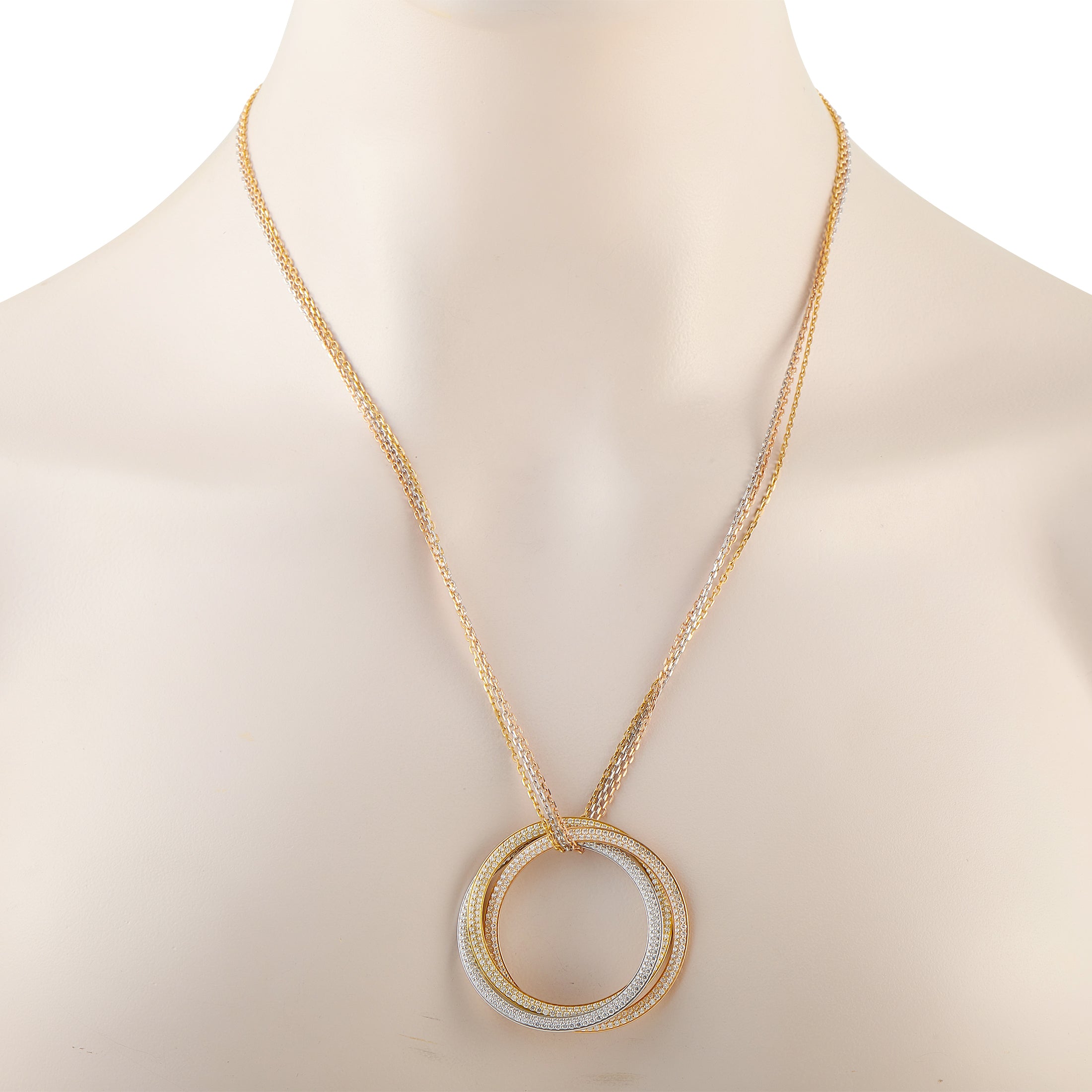 CARTIER Trinity 18K Rose, Yellow, and White Gold 2.60ct Diamond Necklace