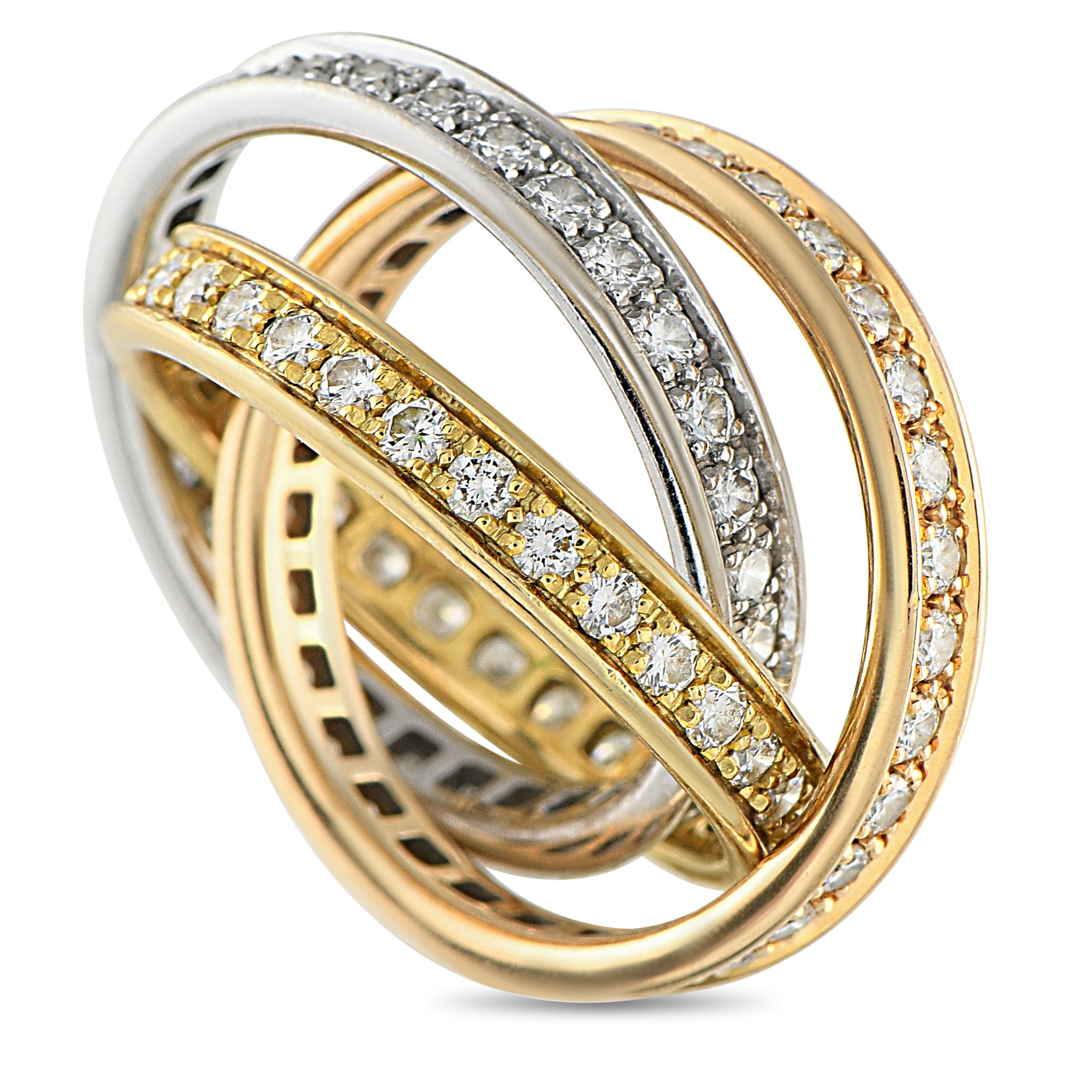 CartierTrinity 18K Rose, Yellow, and White Gold Diamond Ring – In this Cartier Trinity ring are three intertwined bands repre