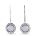 White gold drop earrings with round light-blue chalcedony and diamond halo, lever backs