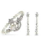 White gold hoop earrings with pearl drops and star-shaped diamond accents