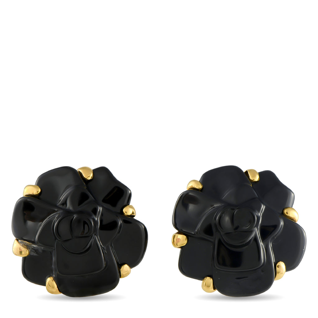 Chanel 18K Yellow Gold and Black Ceramic Camelia Earrings
