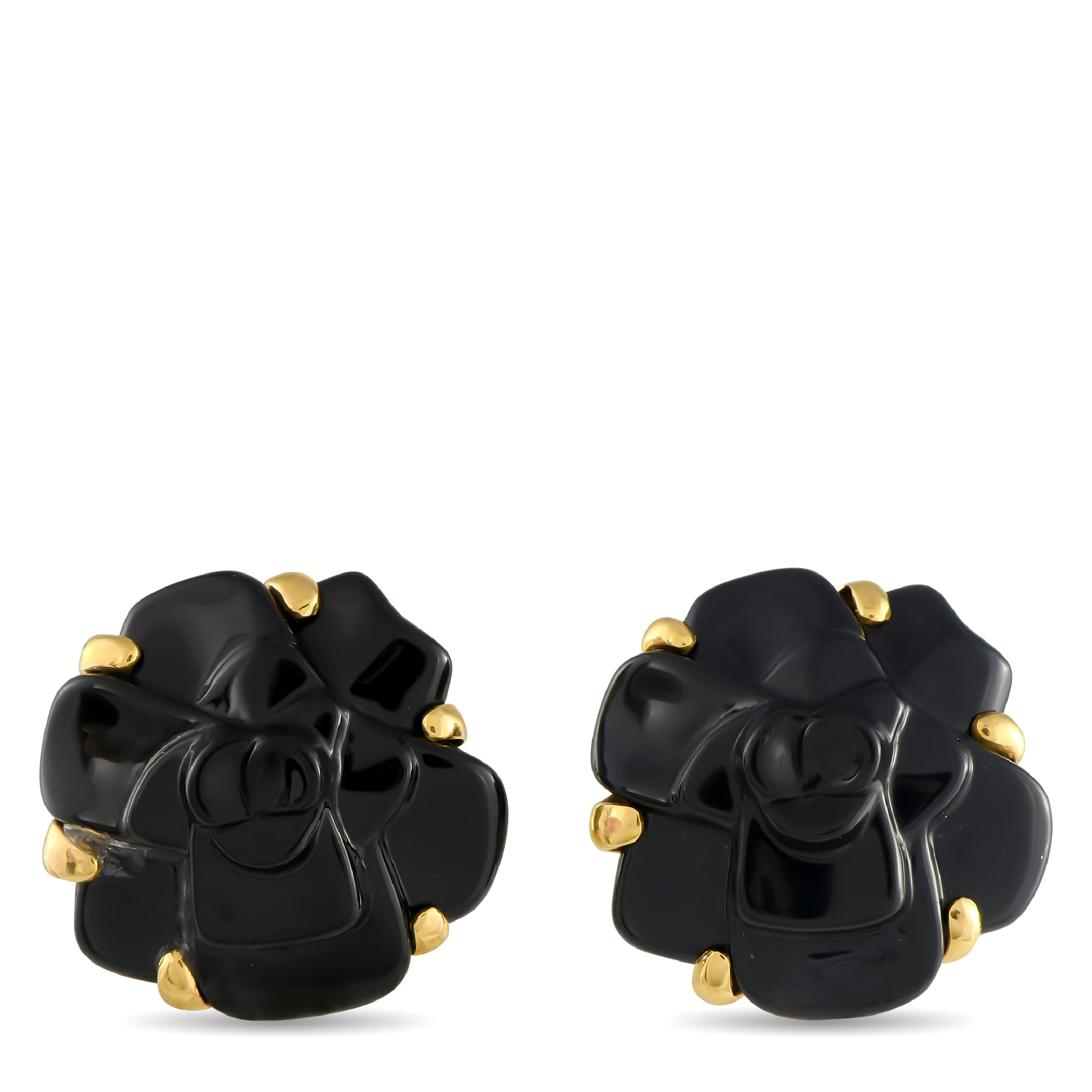 Chanel 18K Yellow Gold and Black Ceramic Camelia Earrings
