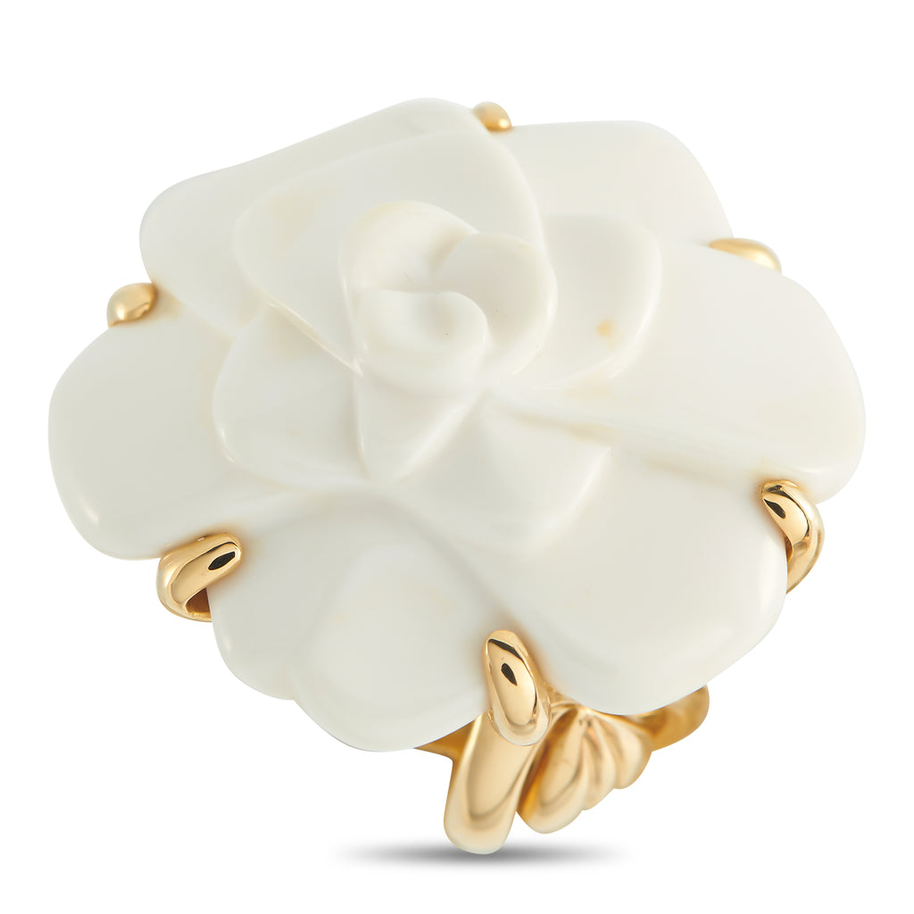 CHANEL Camelia 18K Yellow Gold White Ceramic Ring