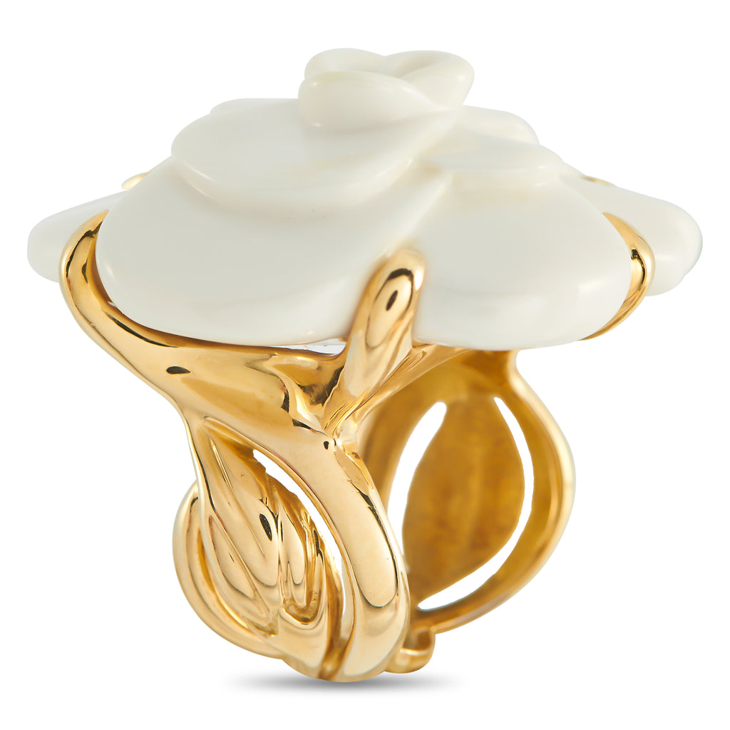 CHANEL Camelia 18K Yellow Gold White Ceramic Ring
