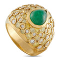 18K yellow gold ring with oval green emerald and round diamond clusters