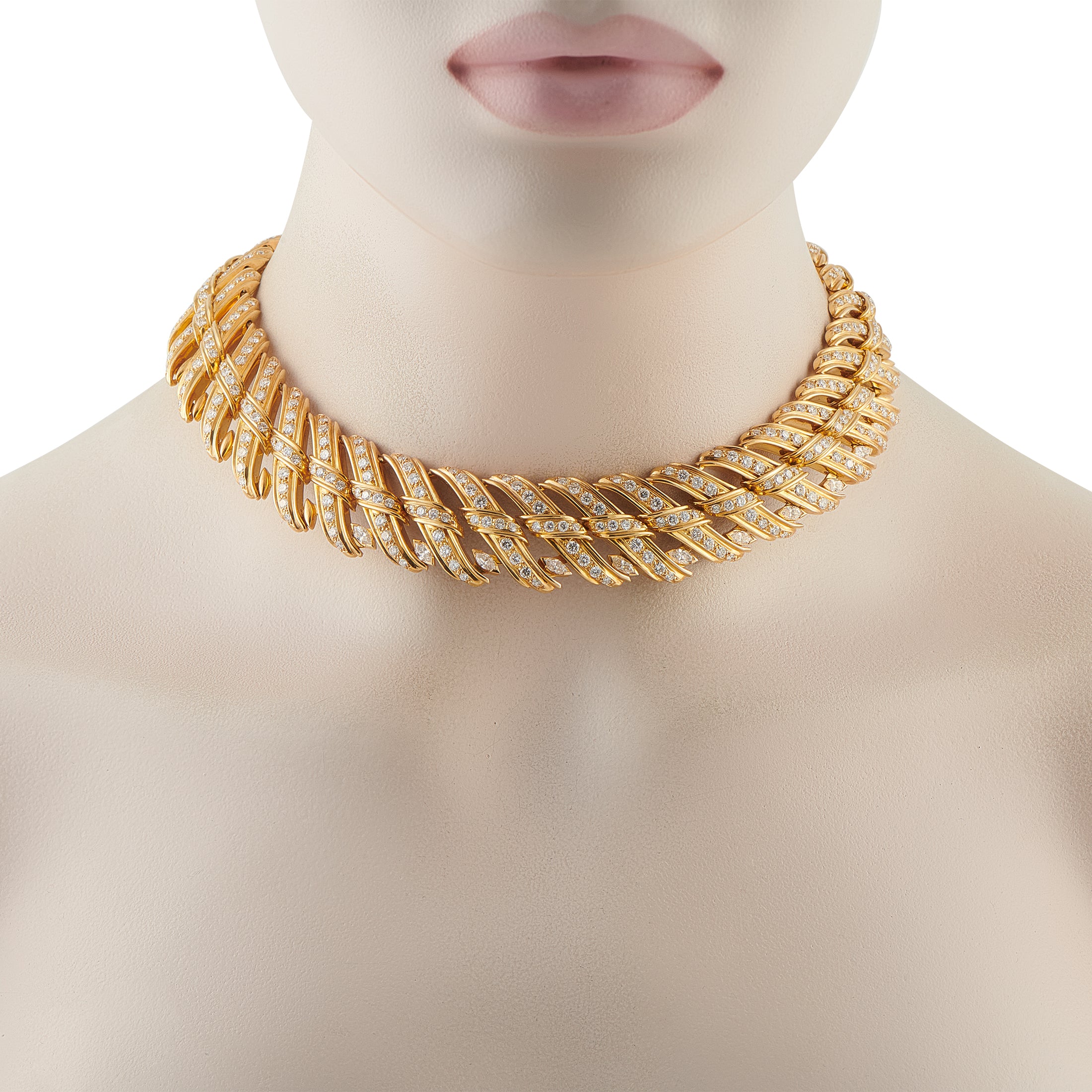 Chaumet Vintage 18K Yellow Gold 20.99ct Diamond Wave Link Choker Necklace