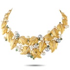 Foliage bib necklace in 18k yellow gold with pearls, diamonds, and green accents