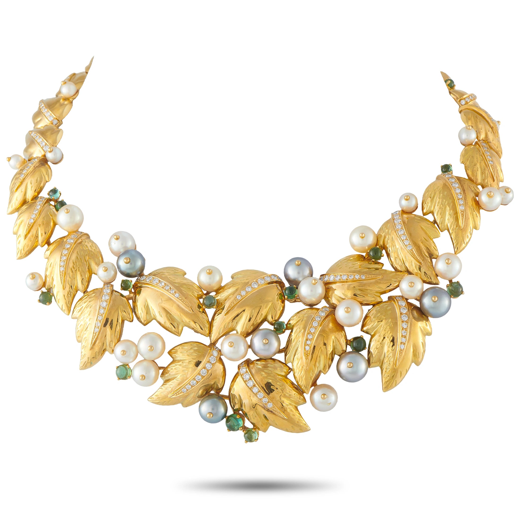 Foliage bib necklace in 18k yellow gold with pearls, diamonds, and green accents