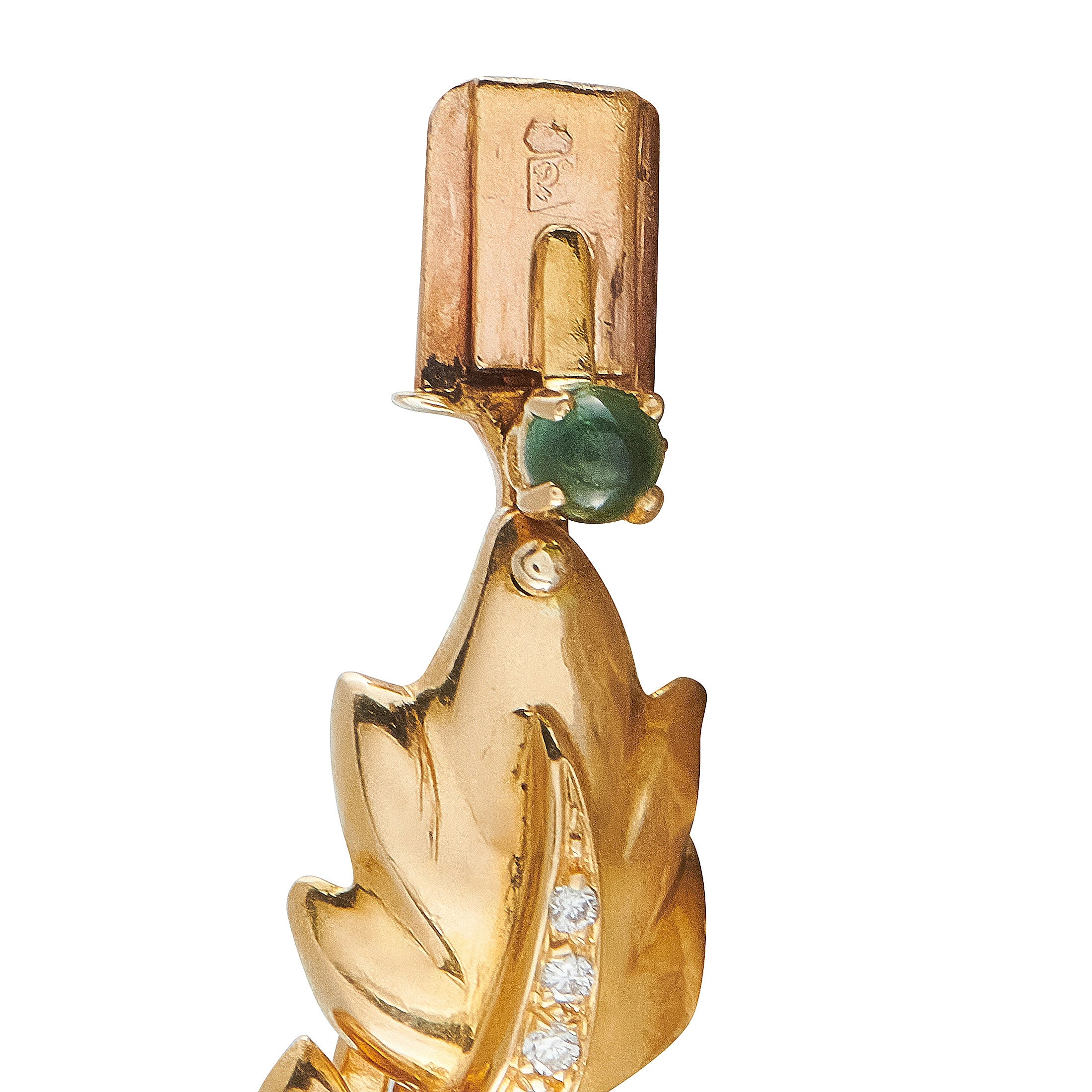 18k yellow gold pendant link with a green stone and small diamond accents