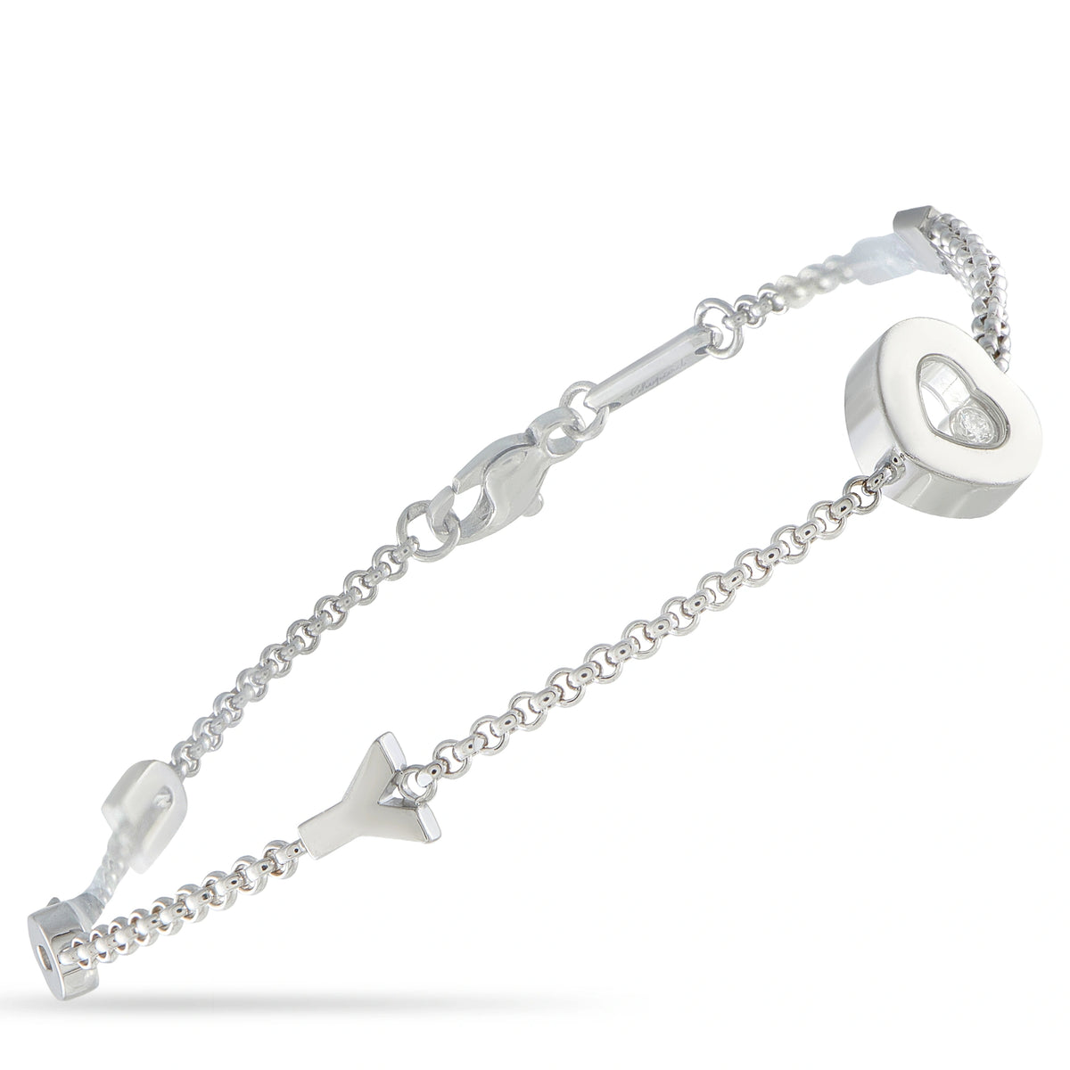 18K white gold charm bracelet with round diamond details and heart pendant