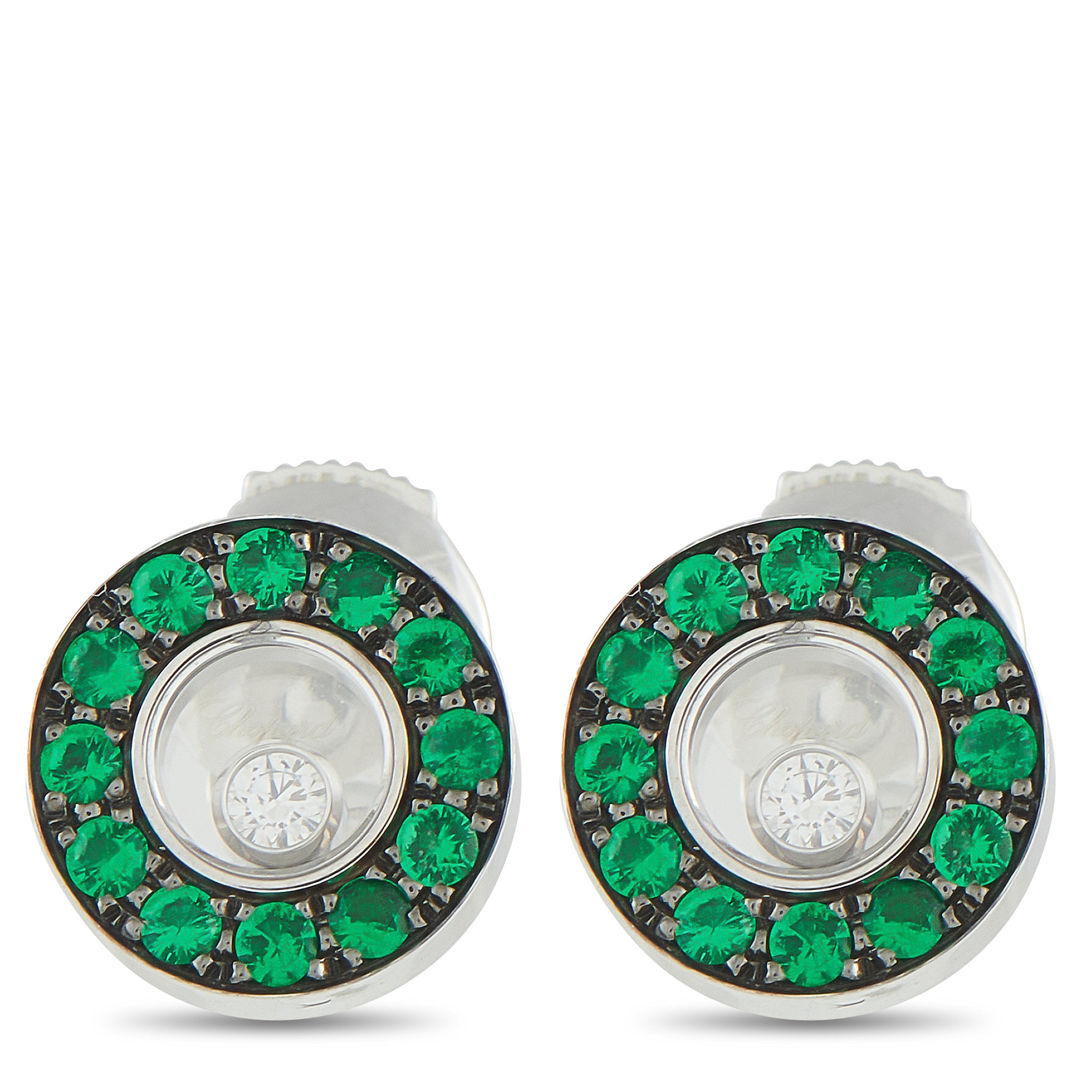 ChopardHappy Diamonds 18K White Gold Diamond and Emerald Stud Earrings – Crafted in gleaming 18K white gold, these Chopard ea