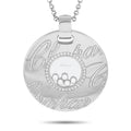 Round diamond pendant in white metal with central diamond cluster and sparkling border, on bail