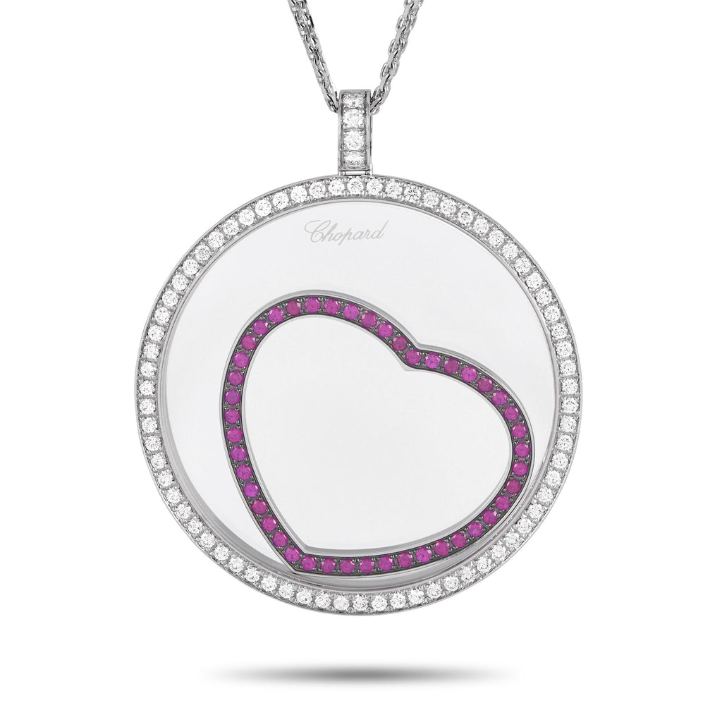 ChopardHappy Diamonds 18K White Gold 1.31ct Diamond and Ruby Necklace – This Chopard Happy Diamonds necklace is designed to c