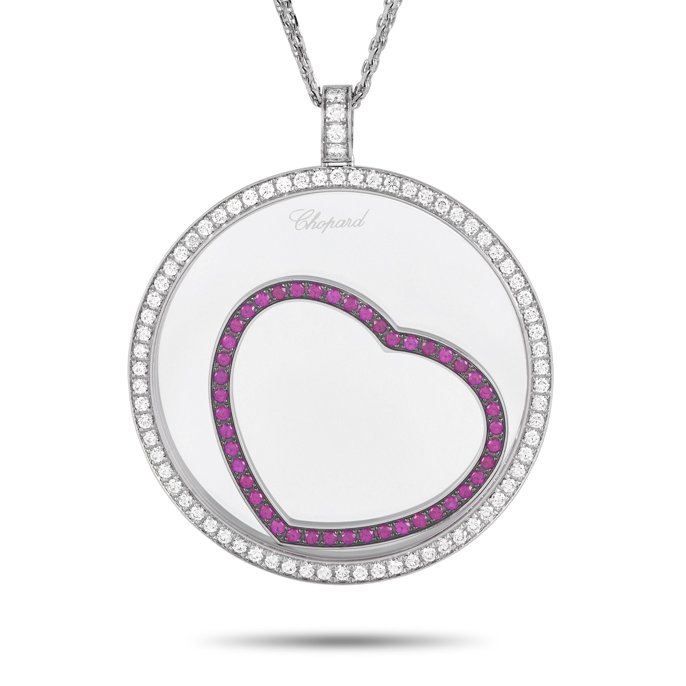ChopardHappy Diamonds 18K White Gold 1.31ct Diamond and Ruby Necklace – This Chopard Happy Diamonds necklace is designed to c