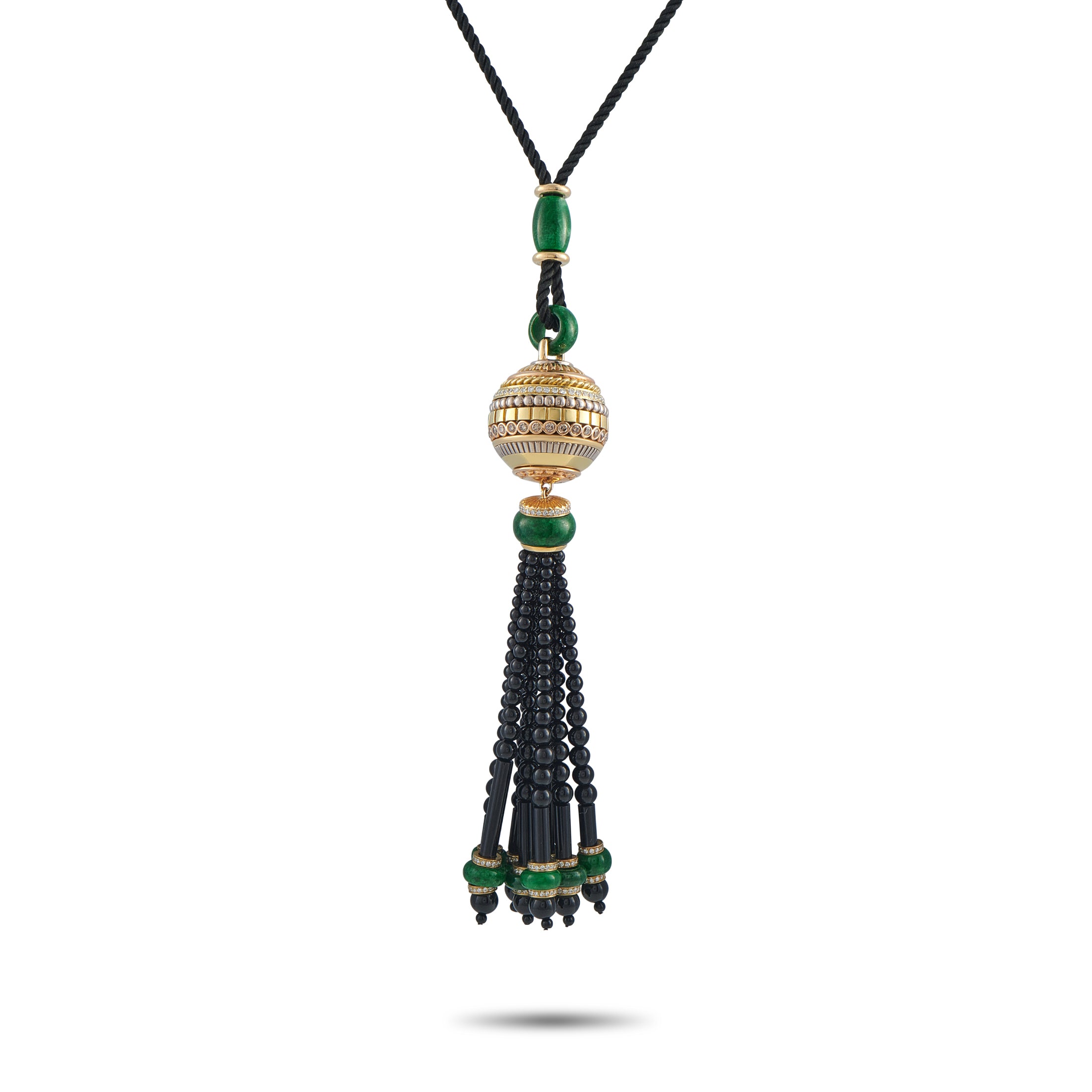 Cicada18K Yellow Gold 2.75ct Diamond, Jade, and Onyx Tassel Pendant – This Cicada necklace is an eye-catching piece that will